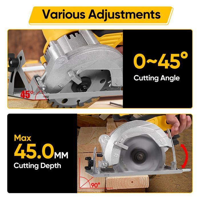 Sega circolare a batteria da 125 mm - Motore brushless da 21 V 1000 W - con 2 batterie - Angolo di taglio 0-45°, profondità di taglio 45 mm - Per legno e PVC