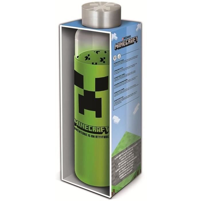 STOR Minecraft Glasflasche mit wiederverwendbarer Silikonhülle, 585 ml