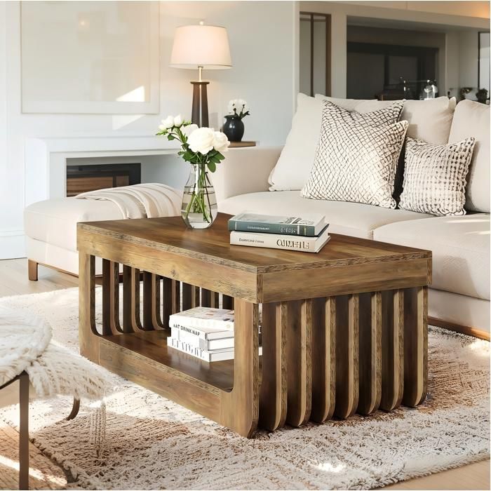 Tavolino da salotto - 120 × 60 × 45 cm - legno, 2 ripiani - venatura del legno naturale - struttura a doghe - stile rustico - marrone