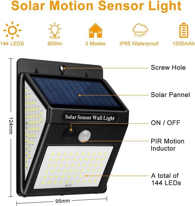 Lumiere Solaire Extérieur, Lampe Solaire Extérieur Détecteur de Mouvement, 3 Modes [1 Pack 144 LED] Etanche Eclairage
