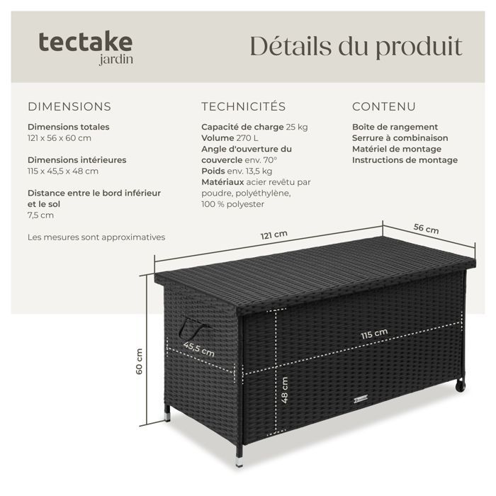 Almacenamiento exterior - TECTAKE - KIRUNA, caja de almacenamiento de jardín de poliratán con asas y 2 ruedas, 121 x 56 x 60 cm, 270 L - Negro