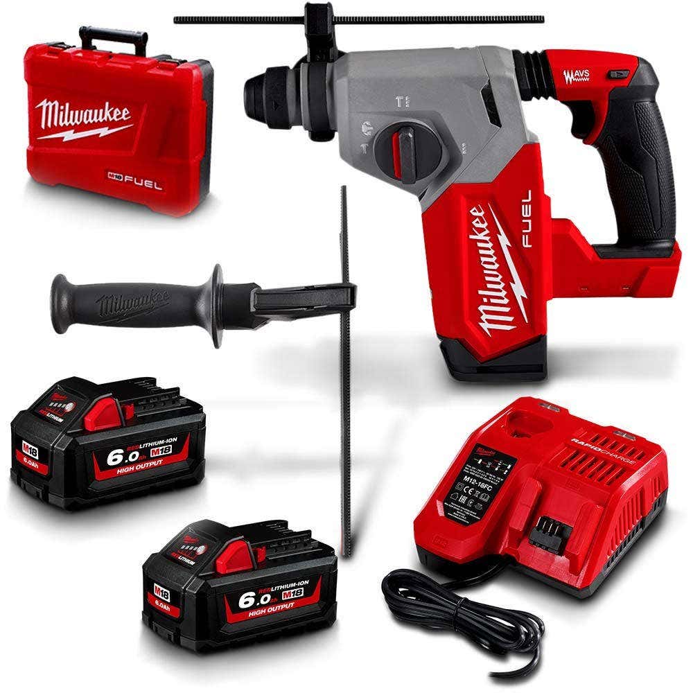Kit de Furadeira de Impacto SDS Plus Milwaukee FUEL™ 18V com 2 Baterias de 6,0 Ah e Encaixe de 26 mm (M18FH-602C)