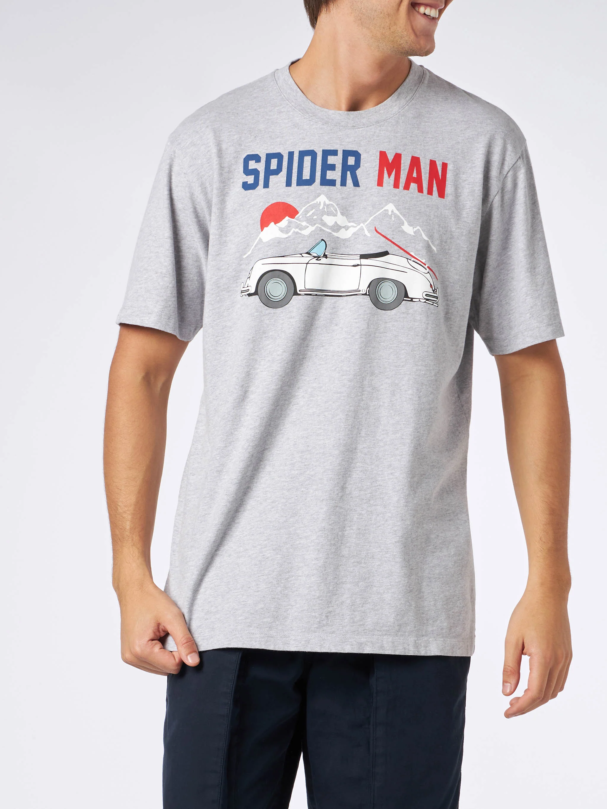 T-shirt van zwaar katoen voor heren met Spider-Man en een winkelwagenprint.