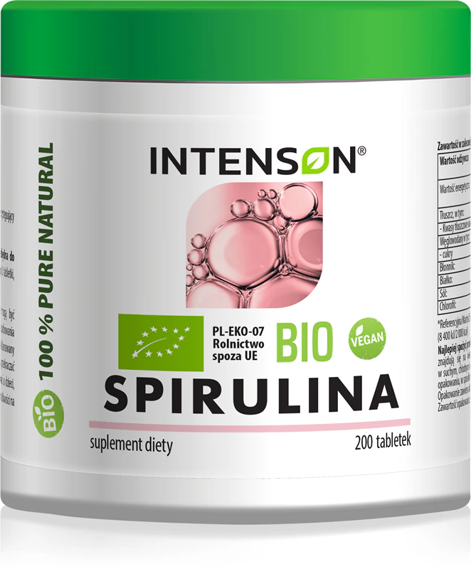 Comprimidos de suplemento alimentar Intenson Spirulina BIO para fortalecer o sistema imunológico.