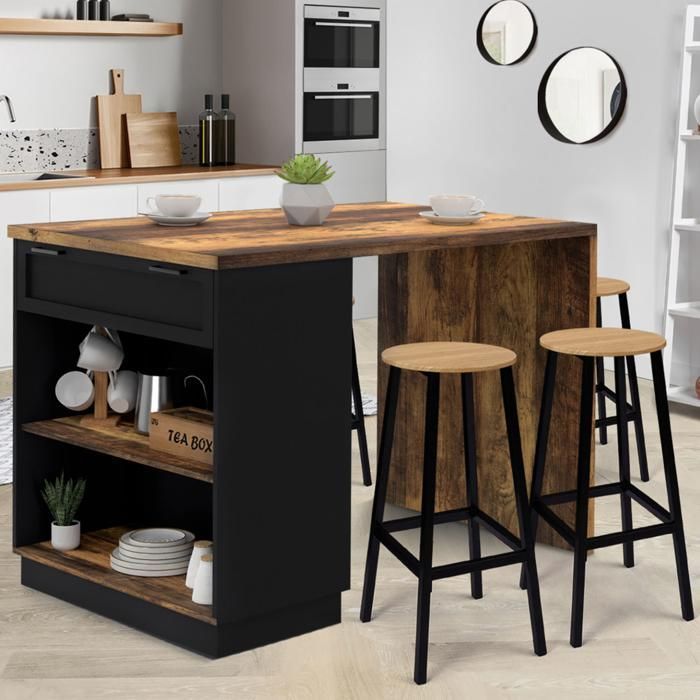 IDMARKET VITO Mesa alta tipo isla de 130 cm con efecto madera oscura y color negro para 4 personas HAWKINS