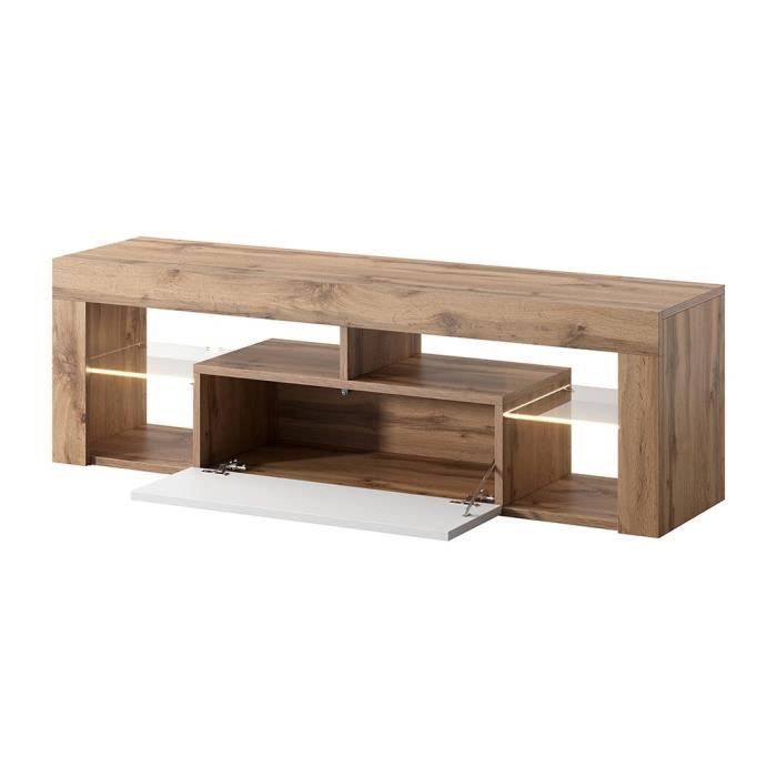 Mueble para TV Selsey - Bianko - 140 cm - Roble Lancaster - Blanco brillante - LED