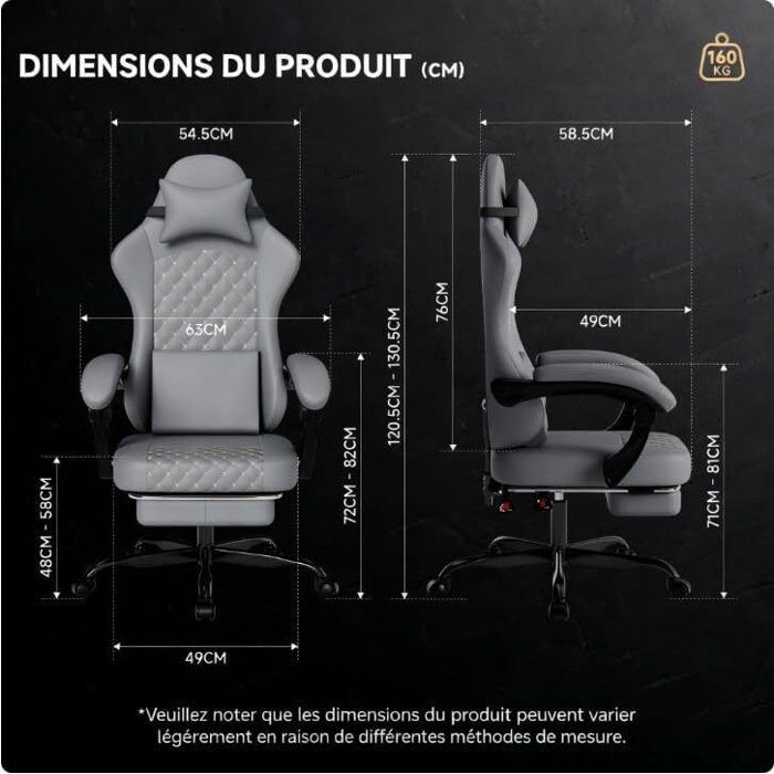Gamingstoel - Ergonomisch ontwerp - met kussen, verstelbare rugleuning en hoofdsteun - Grijs