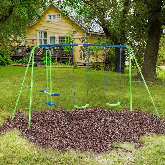 Balançoire - Outsunny - 3 agrès portique -  avec 2 balançoires - 2,8L x 1,4l x 1,78H m - métal époxy anticorrosion PE - Vert Bleu