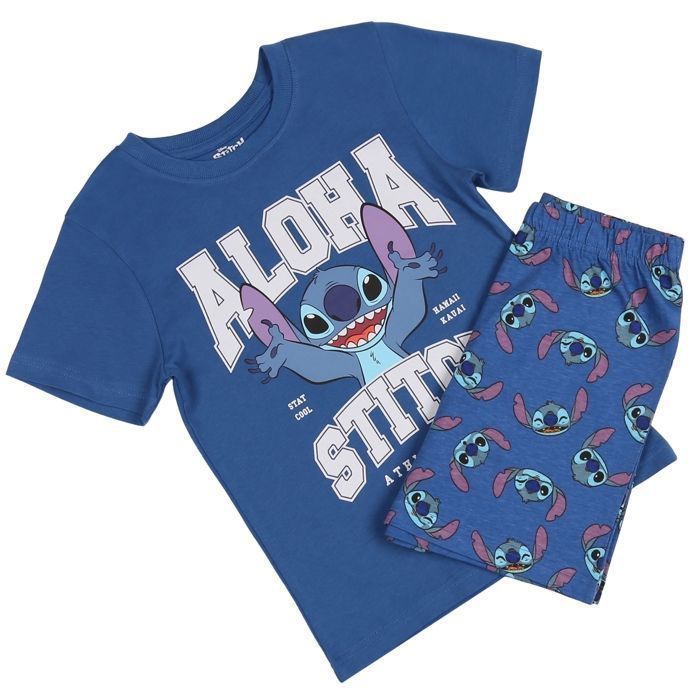 Pijama de dos piezas de algodón con manga corta de Disney Stitch para niño, ideal para el verano, 116 cm.