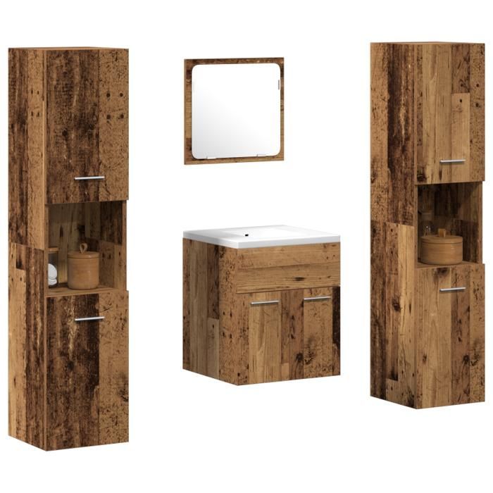 Ensemble de meubles de salle de bain - 4 pièces - Bois massif récupéré - Miroir inclus - Design rustique
