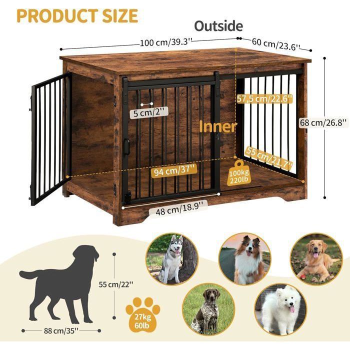 100cm Cage pour Chiens, Table d’Appoint, Niche Moderne pour Chiens, Cage pour Chiots, Maisonnette pour Animaux, 2 Portes