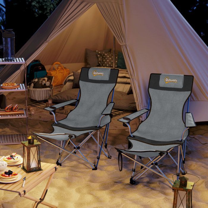Juego de 2 sillas de camping Outsunny plegables y reclinables con reposapiés, bolsa de almacenamiento, portavasos y reposacabezas (color gris).