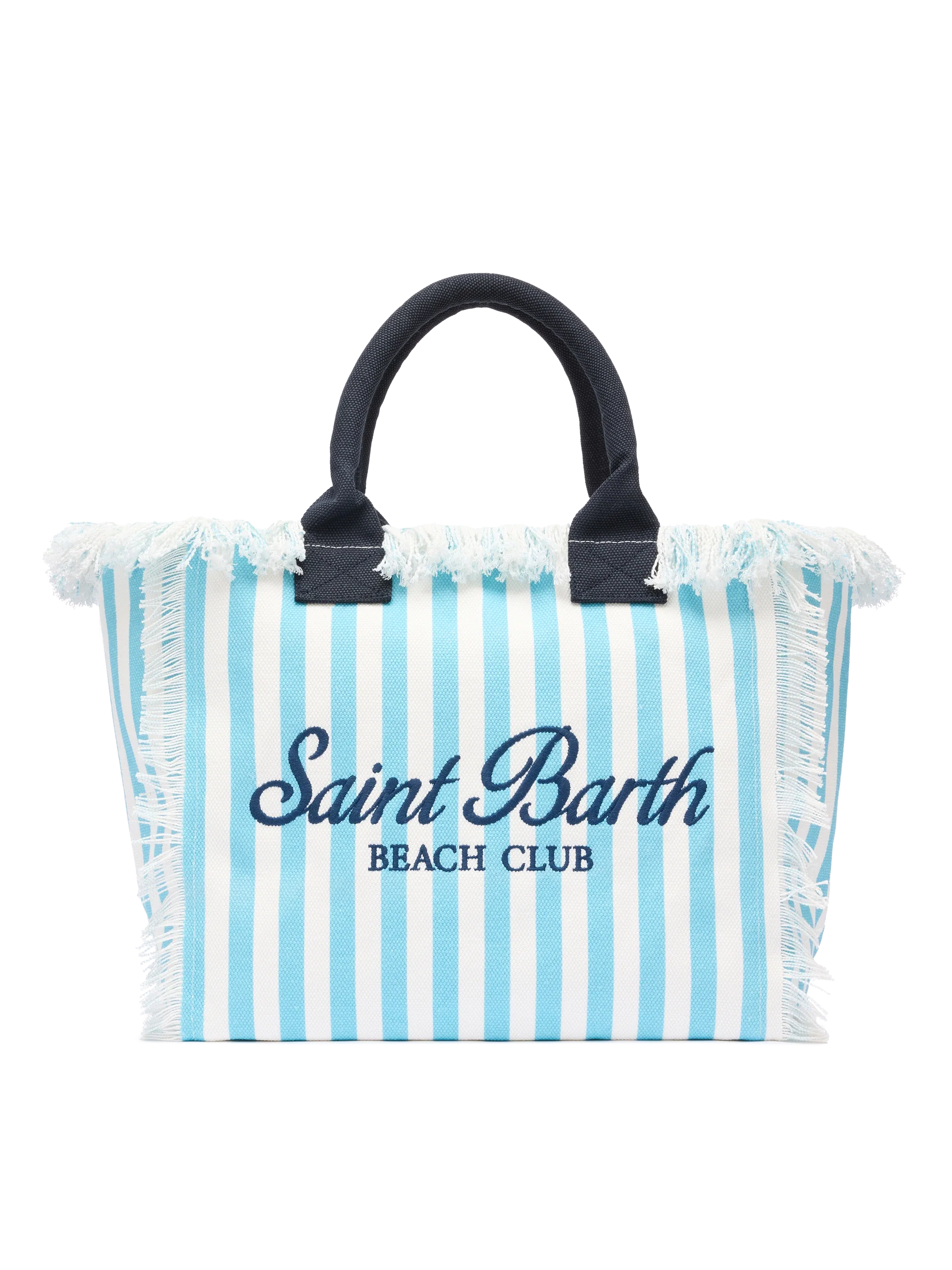 Borsa a spalla Vanity in canvas di cotone con stampa a righe azzurre