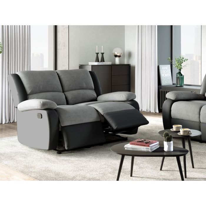 LEO 2-Sitzer-Relaxsofa aus Mikrofaser und Kunstleder – Grau und Schwarz – B 143 x T 93 x H 96 cm – LOUNGITUDE