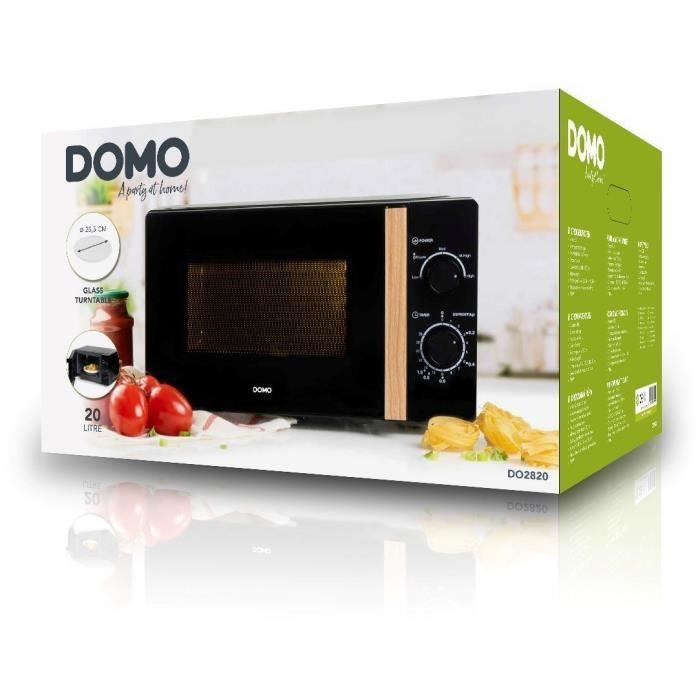 Horno microondas DOMO DO2820 - 20 L - 700 W - Temporizador de 35 minutos - Función de descongelación - 44 x 35,8 x 25,8 cm (ancho x profundidad x alto) - Acabado en madera negra