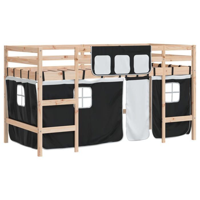Cama alta infantil vidaXL con cortinas, cama elevada para niños con escalera, mueble de almacenamiento para dormitorio, estilo moderno, color blanco.