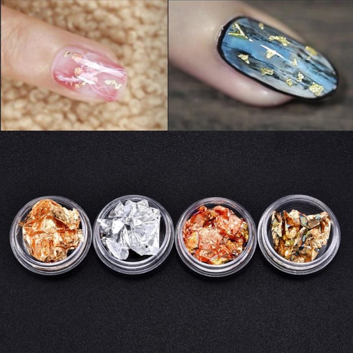 12 pots/ensembles de stickers pour ongles en feuille à paillettes or, argent et bronze, gel adhésif, colle de transfert, paillettes, couverture complète, décalcomanie laser
