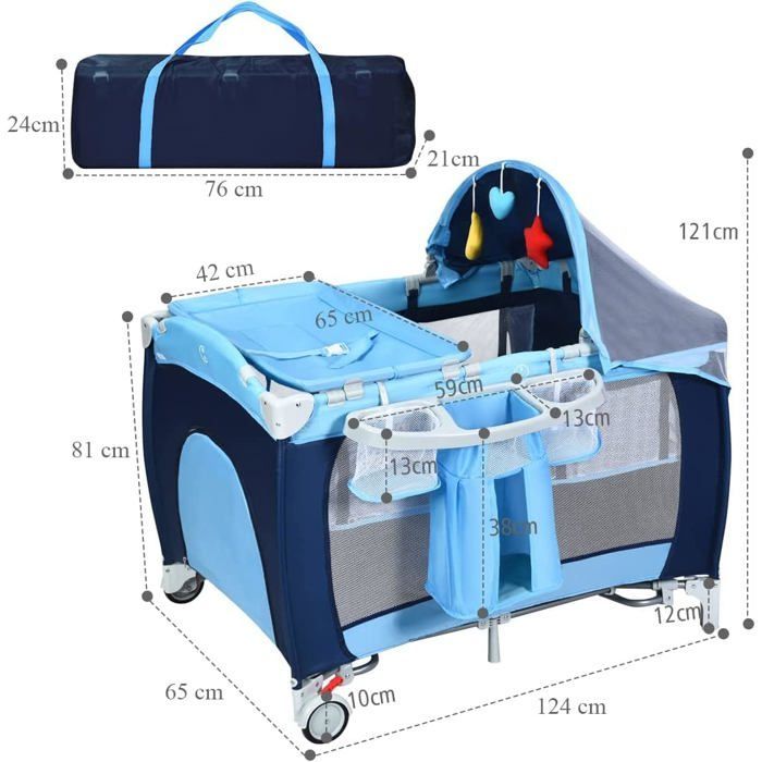 Cuna de viaje COSTWAY con colchón, azul, 120 x 60 x 76 cm, 2 niveles, mosquitera + 3 juguetes + caja de música