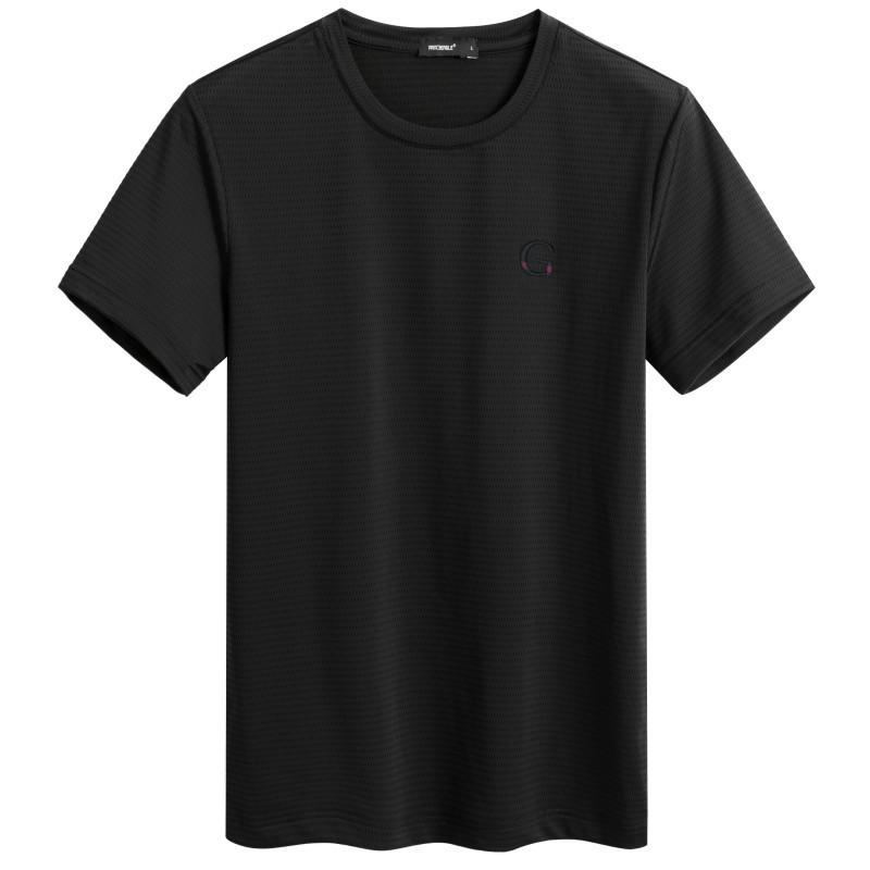 Camiseta fina de seda helada para hombre, verano 2020, informal, manga corta, bordada, cuello redondo, tops, ropa urbana.