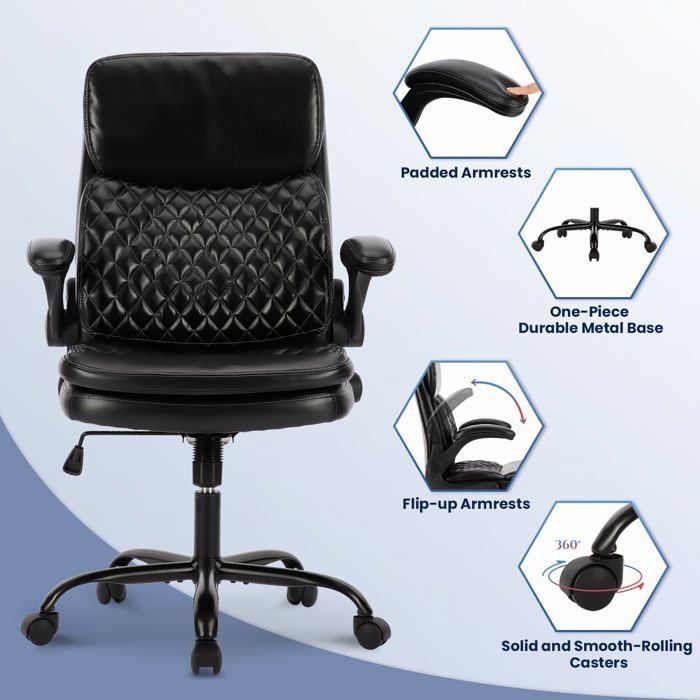 Cadeira de escritório - Cadeira de escritório ergonômica em couro - Altura ajustável, encosto reclinável, apoios de braço confortáveis - Preta