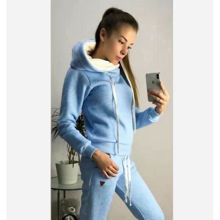 Conjunto de agasalho casual feminino, blusa de moletom esportiva de manga comprida + calça de moletom, roupa esportiva para outono e inverno, azul