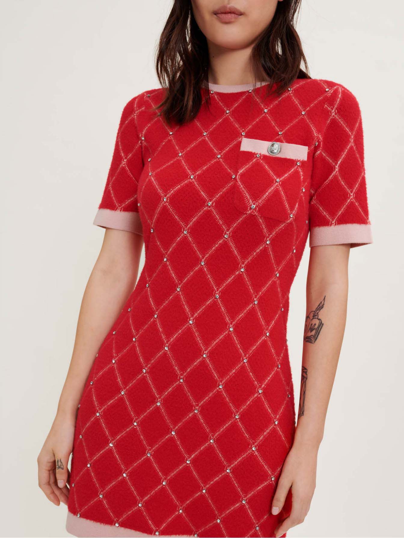Gebreide jurk met diamanten en strass-steentjes - Rood