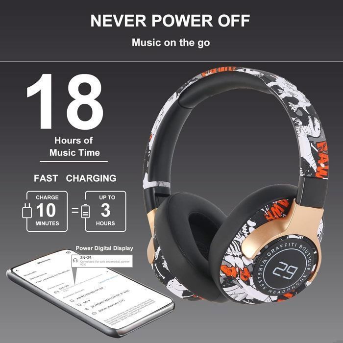 Cuffie LED wireless Bluetooth pieghevoli – Auricolari con cancellazione del rumore, bassi profondi, lunga durata della batteria, ideali per gaming/TV/sport, nere
