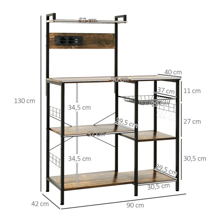 Etagère de cuisine avec prises intégrées, armoire de cuisine pour micro-ondes avec étagères et panier en maille, industriel, marron