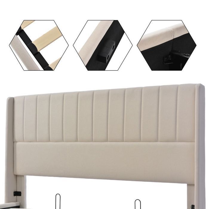 Cama doble de 160 x 200 cm. Cama con espacio de almacenamiento. Cama tapizada hidráulica con somier de láminas - SWEIKO - Lino beige.