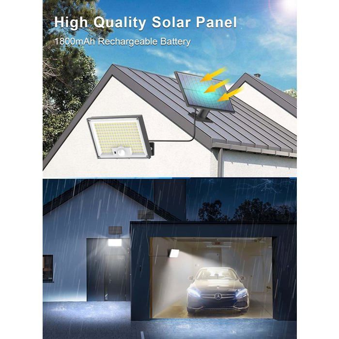 Lámpara solar de exterior con 172 LED, 3 modos, sensor de movimiento y clasificación IP65 (luz blanca fría).