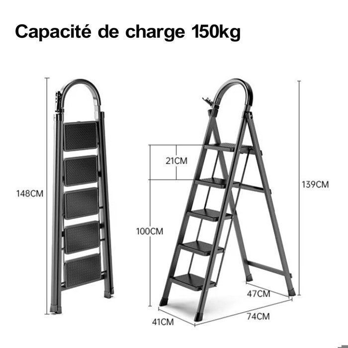 Seven Comfort Escabeau  - 5 marches - Acier - Pliant - 74×47×139cm(L-L-H)-Charge maximale 150 kg