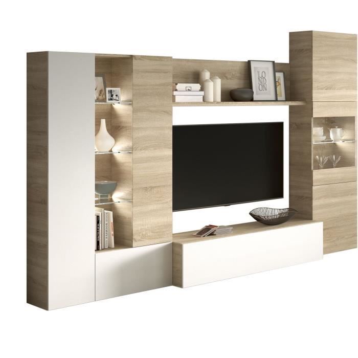 Mueble de TV ESSENCIAL con iluminación LED blanca clásica de alto brillo y acabado en roble - 260 cm de ancho