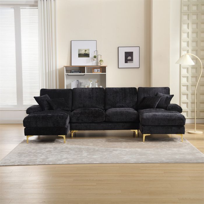 DRIPEX 4/5 Seater Chenille Fabric Sofa, Modern U-Shaped Sofa with 4 Cushions for Living Room, Bedroom, Black