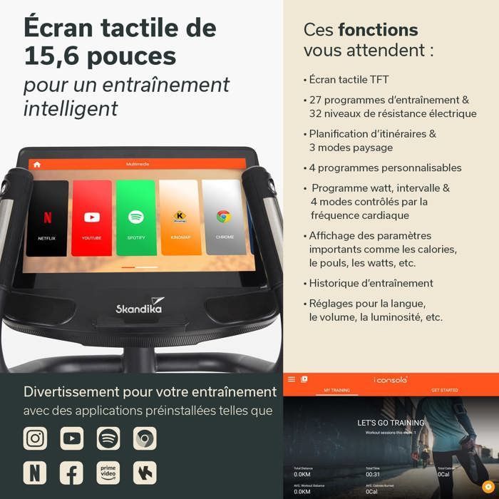 Vélo elliptique connecté - Skandika Carbon P30-S Touchscreen - Inertie 30kg - inclinaison réglable - app préinstallées