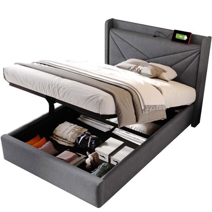 Letto contenitore - MODERNLUXE - 90x200cm - Tessuto in lino - Porta USB - Base a doghe