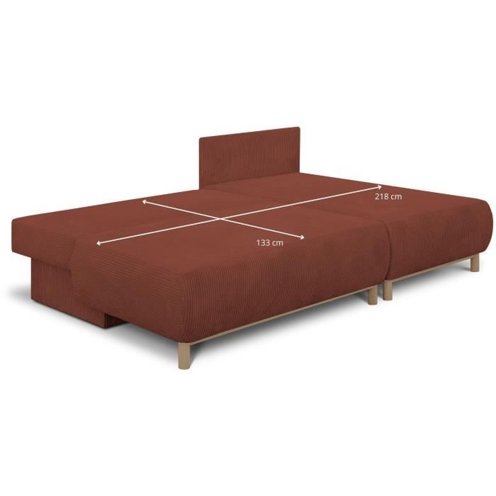 Canapé d'angle droit convertible - 3 places - MIKA - Tissu velours côtelé rouille - Coffre de rangement - 192 x 84 x 93 cm