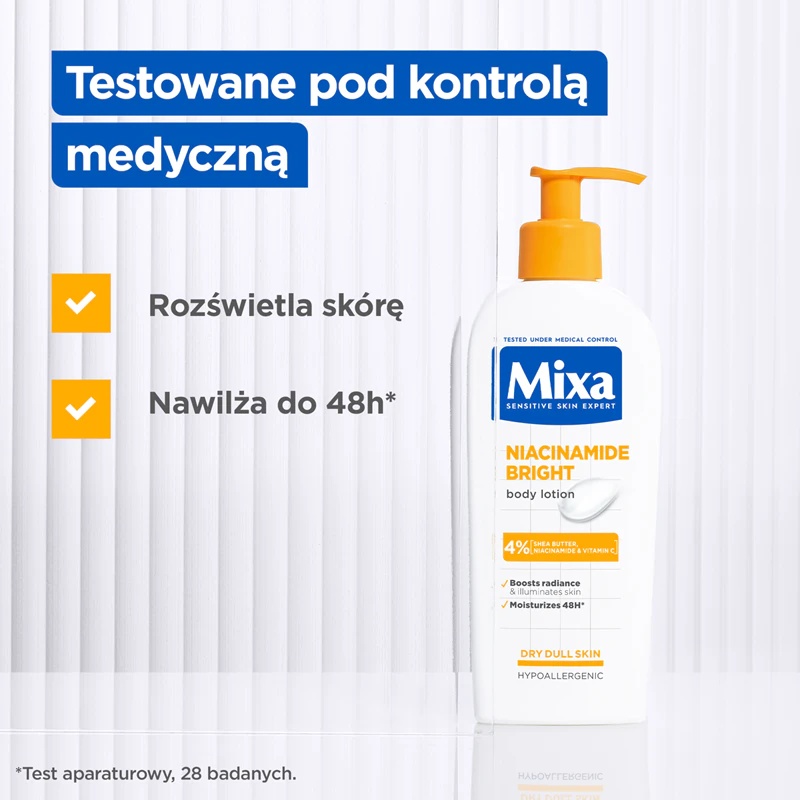 Mixa Niacinamid Bright ķermeņa losjons – izgaismojošs un mitrinošs pieniņš ar niacinamīdu