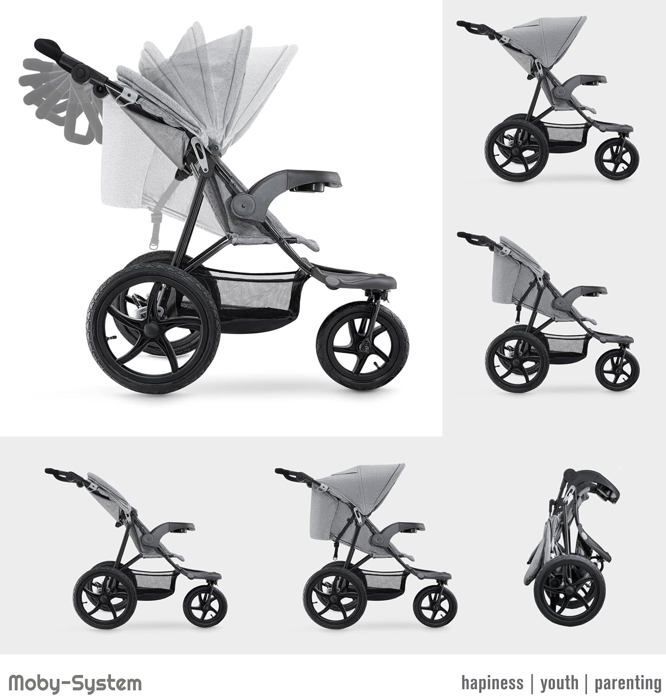 Moby-System Mountain Buggy 3-Wheel Stroller, Foldable up to 15 kg, Easy to Turn, Reflective Strips, 5-Point Harness