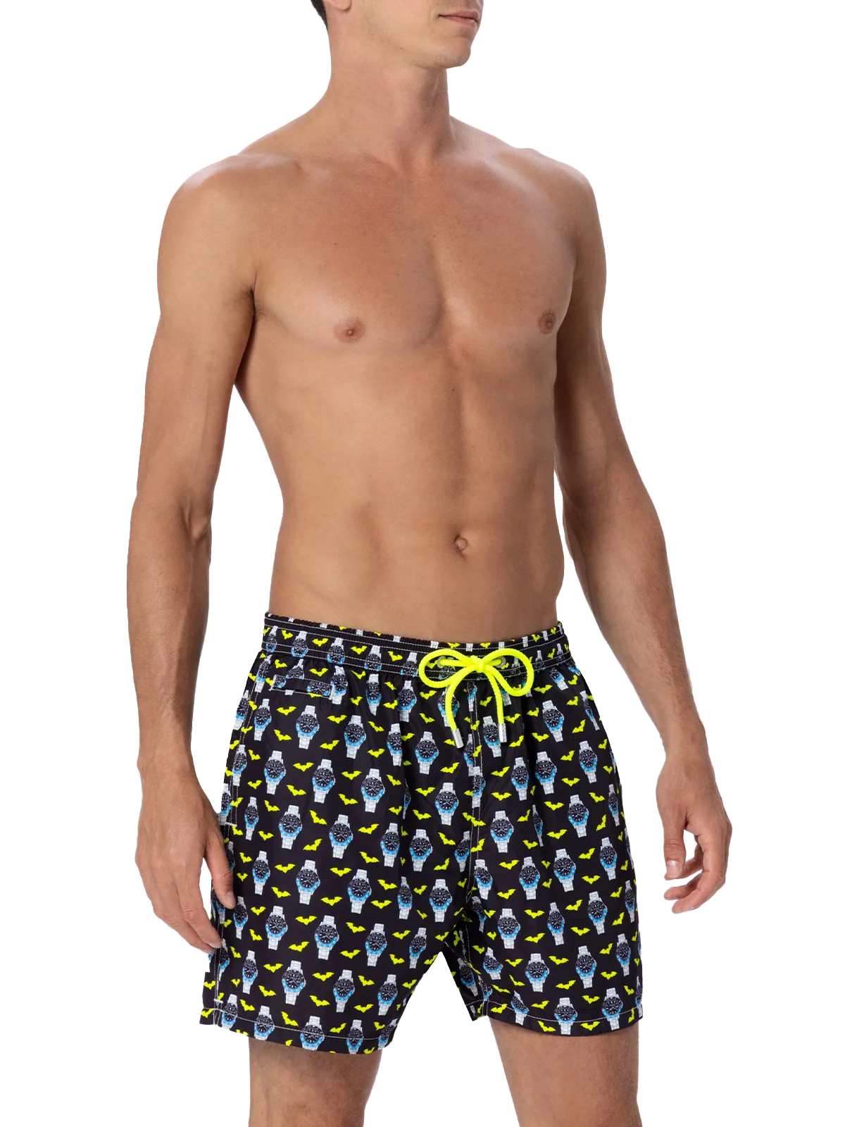 Mid-length zwembroek voor heren | Sneldrogend, all-over print met horloges en vleermuizen | Elastische tailleband, verstelbaar trekkoord | MC2 Saint Barth