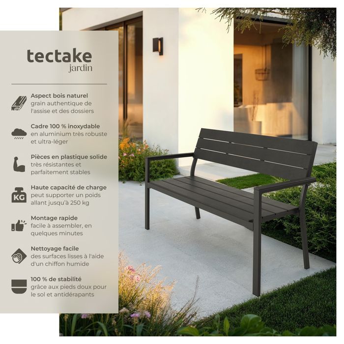 Banco de exterior - TECTAKE - LINE Banco de jardín de 2 plazas en aluminio con aspecto de madera, 128 x 59 x 88 cm - Gris oscuro