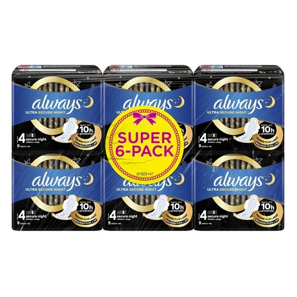 „Always Ultra Secure Night“ (4 dydžio) higieniniai įklotai su sparneliais<br>6 x 9 vnt.