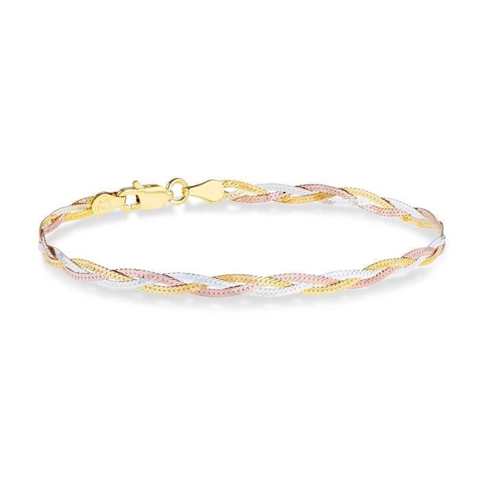 Bracelet O830F tricolore or 18 carats sur argent sterling italien 3 brins diamant taillé 4 mm tressé chevrons lien chaîne bracelet