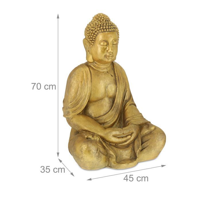 Relaxdays Buddha Statue for Garden, Weatherproof and Frost Resistant, Seated, XL Decorative Object, H x W x D 70 x 45 x 35 cm, Gold