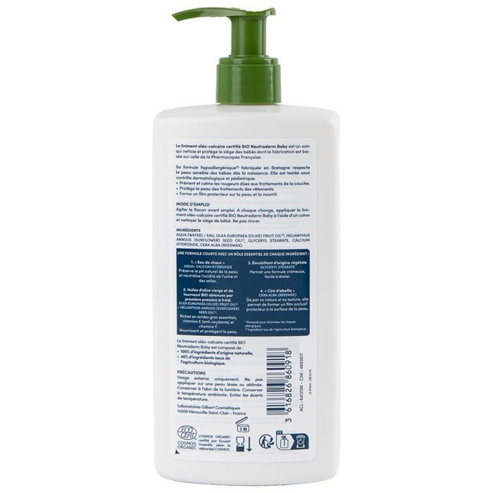 Oleo-calcareous liniment - NEUTRADERM - Baby Bio - 480 ml pump bottle - Virgin olive oil - Diaper rash care