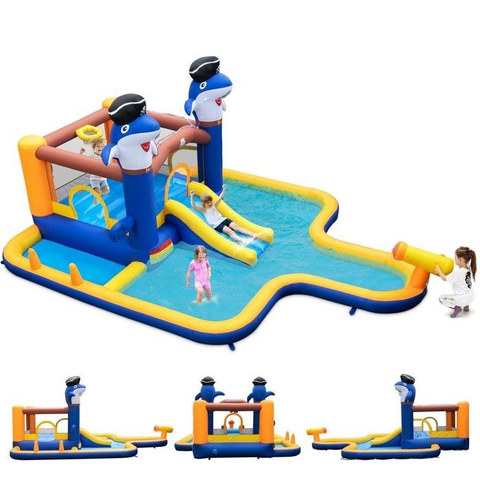 DREAMADE 7-in-1 opblaasbaar kasteel voor kinderen met glijbaan, trampoline, zwembad, boksspel en waterkanon, geschikt voor kinderen van 3-10 jaar.