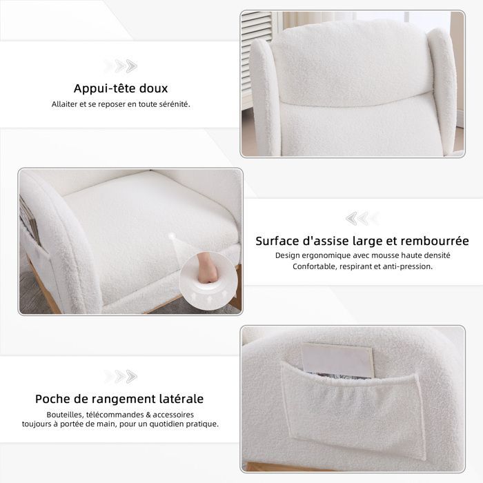 Poltrona a dondolo Lemonbest, comoda, con poggiagambe retrattile e tasche laterali, schienale alto, tessuto effetto orsetto - bianca