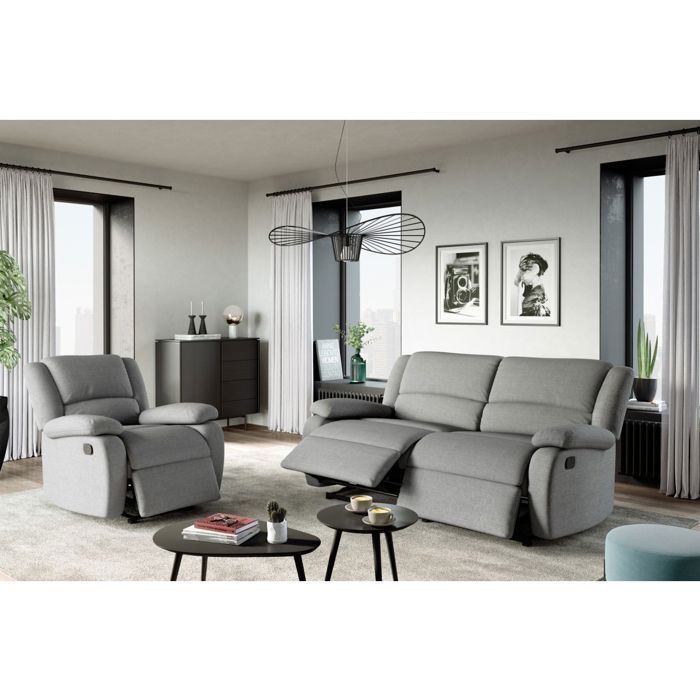Canapé relax manuel 3 places avec 2 assises XXL LEO en tissu - Gris clair - L193 x P93 x H96cm - LOUNGITUDE