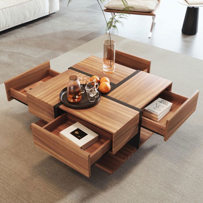 Vierkante salontafel met 4 opberglades, modern design, woonkamermeubel, 78x78x36cm, naturel hout