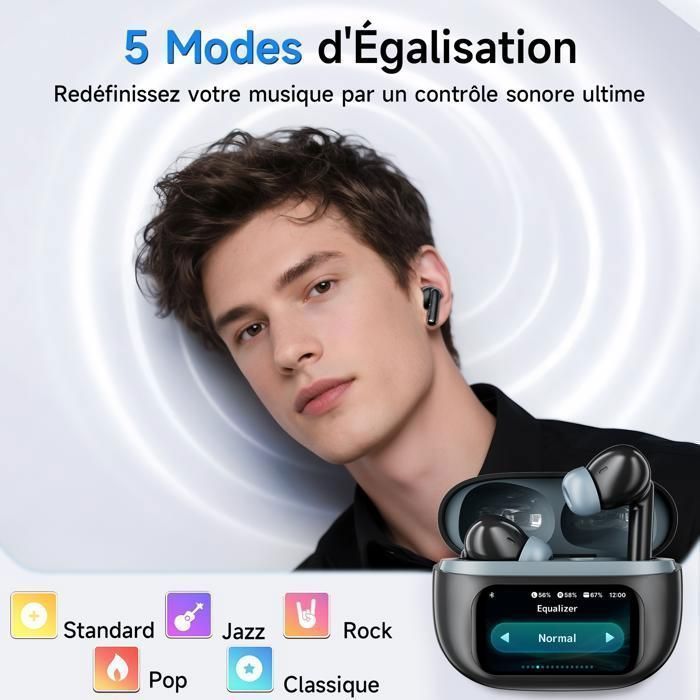 DJOIN Kabellose Ohrhörer, 40 Stunden Akkulaufzeit, Multifunktions-Touchscreen, Bluetooth 5.4, IPX7 wasserdicht, ANC-Geräuschunterdrückung, 5 Equalizer-Modi, Schwarz