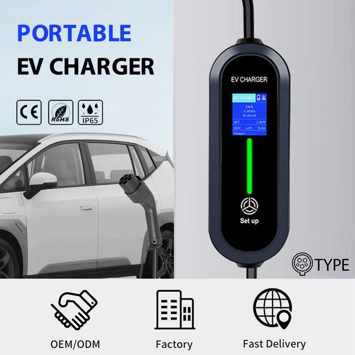 Caricabatterie per auto elettriche da 3,5 kW, caricabatterie portatile di tipo 2 per veicoli elettrici, IP66, regolazione flessibile della corrente, display digitale controllabile.